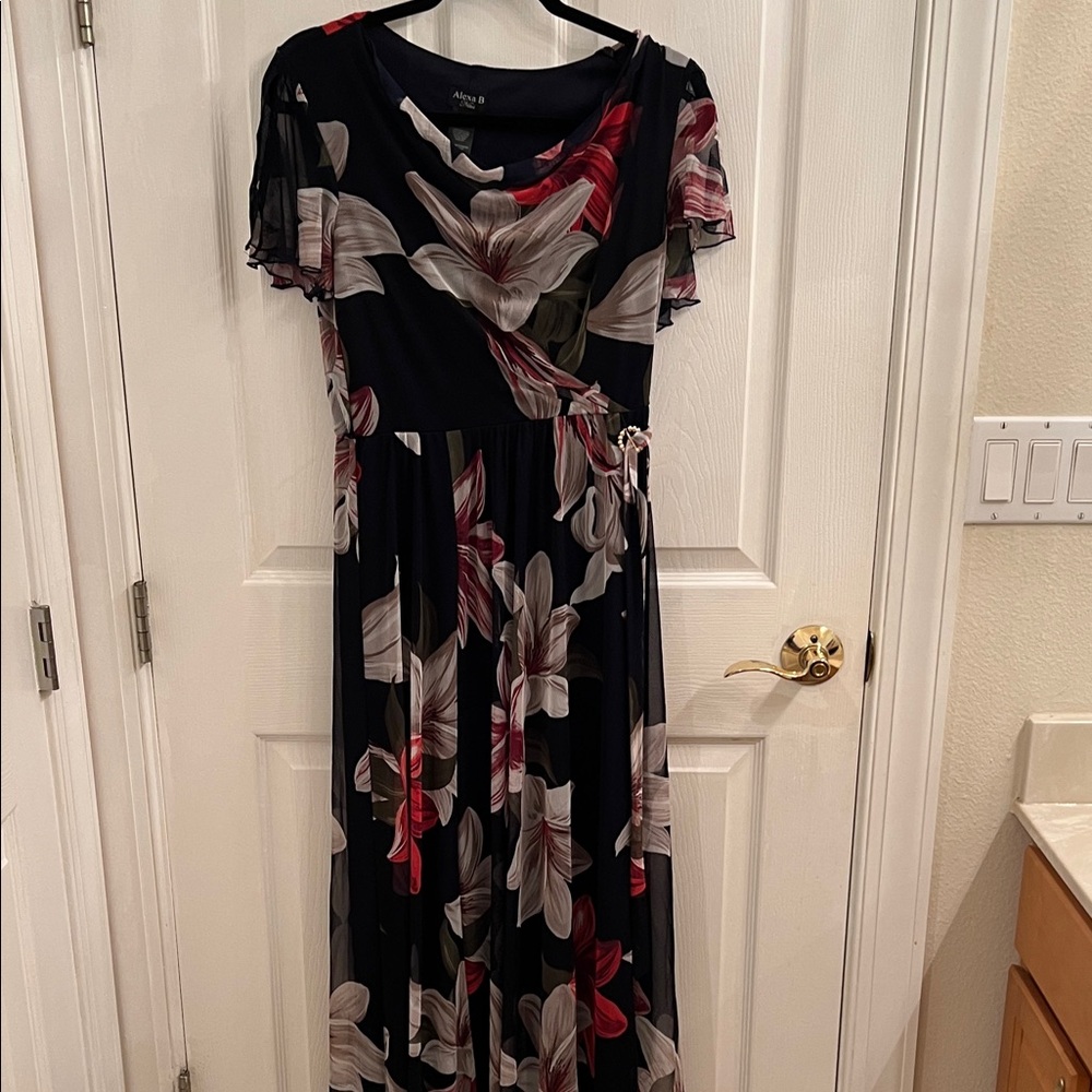 NWOT Alexa B Nites Black and Red Floral Maxi Dress